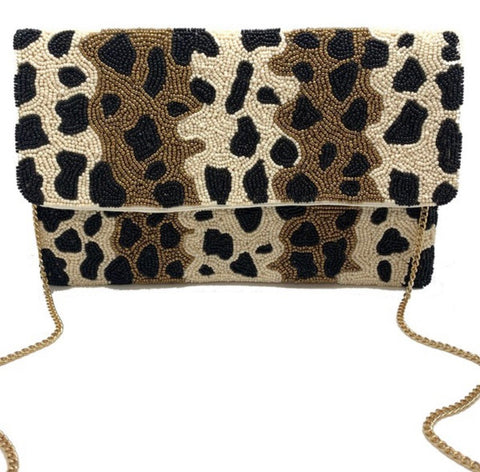 Leopard Print Beaded Clutch