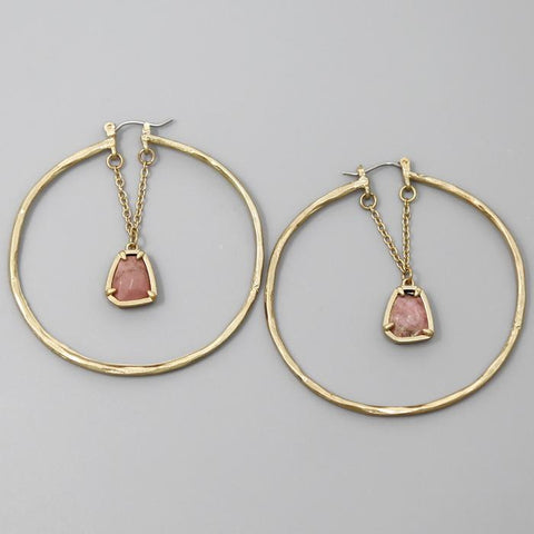 Natural Stone Swinging Charm Hoop Earrings